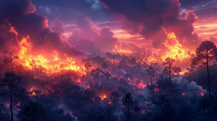 Fototapeta premium Environment concept, A forest area devastated by wildfires, with smoke and flames. Illustration image, Minimal Style, Clean and Clear Color,
