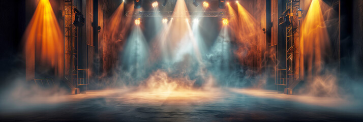 A dramatic, smoke-filled stage with colorful spotlights illuminating an empty performance area, conveying a sense of anticipation and theatrical ambiance.