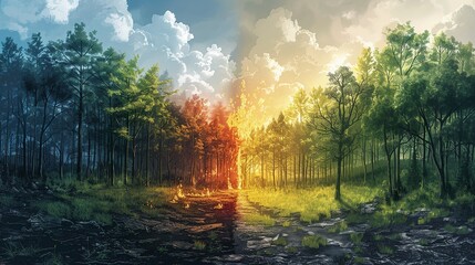 Obraz premium Environment concept, An illustration of a forest transitioning from lush greenery to burnt, charred trees. Illustration image, Minimal Style, Clean and Clear Color,