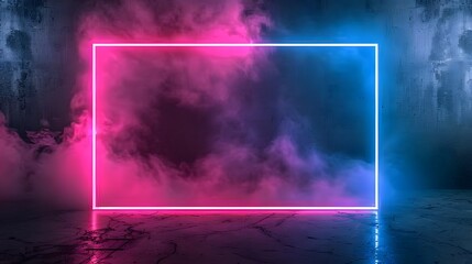Naklejka premium 3d render of glowing neon blue and pink rectangle frame on dark background, empty virtual space with glossy floor. 