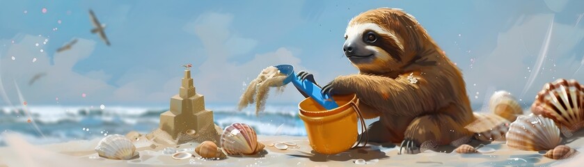 Obraz premium Sloth Building Sandcastle on Coastal Beach with Seashells