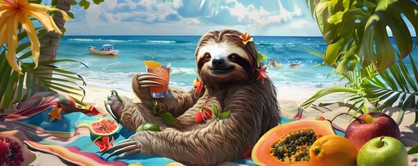 Obraz premium Sloth Enjoying Beachside Picnic Amidst Vibrant Tropical Surroundings