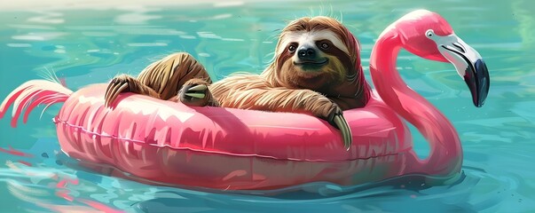 Obraz premium Carefree Sloth Floating on Inflatable Flamingo in Tranquil Tropical Waters