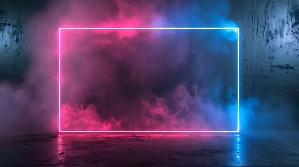 Naklejka premium 3d render of glowing neon blue and pink rectangle frame on dark background, empty virtual space with glossy floor. 