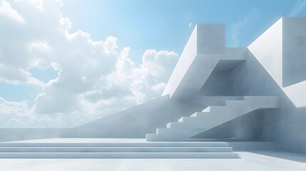 3D render of white concrete modern architecture with stairs, background sky with clouds, isolated on a blue studio backdrop.
 - Powered by Adobe