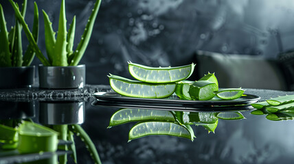 Natural skin care. Aloe vera slices on black background.