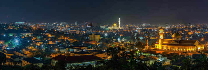 Stylized Night View of Kampala's Illuminated Skyline with Mosques