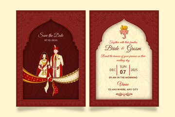 Vector wedding invitation template layout with indian faceless couple image in brick red and beige
