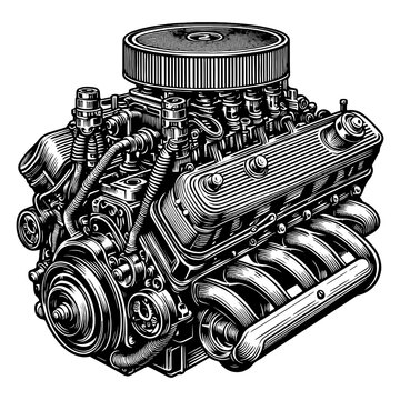 detailed classic car engine with exposed components, representing automotive power and engineering sketch engraving generative ai PNG illustration. Scratch board imitation. Black and white image.