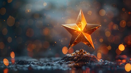 3D rendering of a golden star trophy on a pedestal with a dark background.
