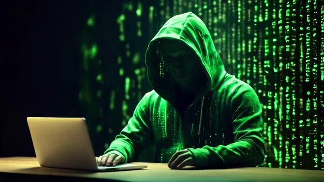 silhouette of a hacker in a hoodie sitting at the table using a laptop, illuminated by a cascade of green binary code, dynamic lines and matrix pattern
