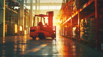 Forklift in a spacious warehouse with large shelves filled with boxes and goods. Sunlight filters through high windows, casting a warm glow over the industrial setting.