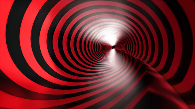 Abstract image of a red and black spiraling tunnel with alternating stripes creating a hypnotic and optical illusion effect, leading to a bright light at the end.