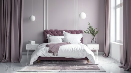 Modern Bedroom with White and Purple Bedding and Elegant Decor, Bright and Airy Interior, Ideal for Contemporary Home Design and Comfort