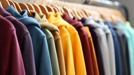 Naklejka premium Row of different colorful youth cashmere sweaters and hoodies, sweatshirts and on a clothes rack
