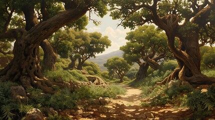 Obraz premium Serene Elegance: Scene Capturing the Tranquility of a Tree Garden 