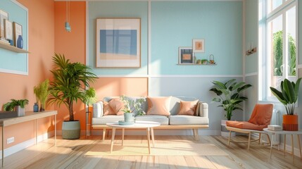 Modern Living Room with Orange and Blue Decor and Elegant Furniture, Bright and Airy Interior, Ideal for Contemporary Home Design and Comfort