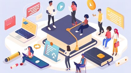 Obraz premium A group of diverse students are engaged in various activities such as reading, writing, and using technology in a modern and collaborative learning environment.