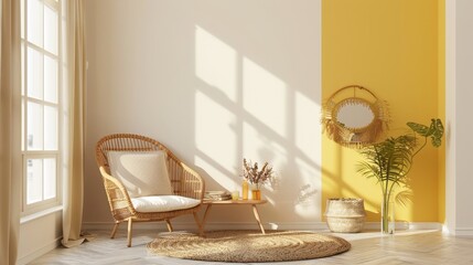 Minimalistic Living Room with Yellow Accent Wall and Elegant Furniture, Bright and Airy Interior, Ideal for Contemporary Home Design and Comfort