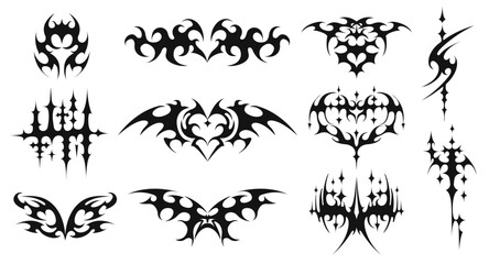 Cyber sigilism shapes. Neo tribal tattoo sharp spikes, y2k butterfly and symmetrical demonic heart for streetwear designs vector set