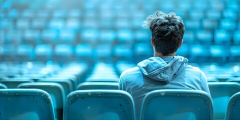 Lonely male high school student sitting alone in stadium due to mental illness. Concept Loneliness, Mental health, High school, Stadium, Teenager