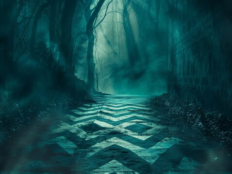 A chilling scene from an iconic 1980s slasher film reimagined with Op art visuals and geometric elements, featuring a terrifying creature emerging from the depths. Photographed with a Nikon D6 for