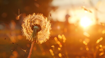A dandelion with seeds blowing in the wind against a blurred background of an outdoor scene, symbolizing freedom and joy.
