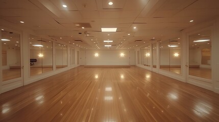 A large dance studio with mirrors on the wall and a wooden floor, white ceiling, and lights in the background.
