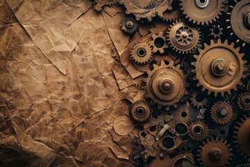 Antique mechanical gears and cogs arranged on a weathered paper surface, captured from above