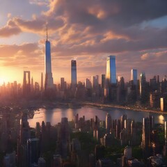 futuristic sunset New York City skyline 