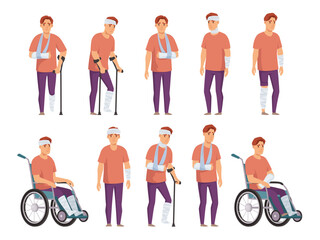 Man with injury. Rehabilitation and injury recovery, male character with arm sling, head bandage, crutches, leg cast and wheelchair cartoon vector illustration set