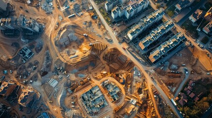 Urban landscape in transformation, a top view of a housing development construction site, detailing the city's expansion