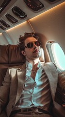 Elegance in Flight: Stylish Young Man in Loro Piana Outfit on Private Jet