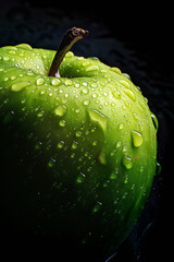 Glistening Green Apple Close-up - vibrant green apple covered in droplets shines on dark evoking freshness macro shot capture natural beauty of fruit, perfect for healthy living or food-themed designs