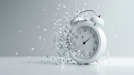 Time is running out. White alarm clock with flying numbers as a symbol of lost time