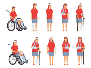 Woman with injury. Female character with wheelchair, head bandage, arm sling, crutches and leg brace. Injury management cartoon vector illustration set