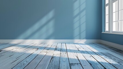 A light blue wall with a white wooden floor creates an empty room background. A web banner with empty space.
