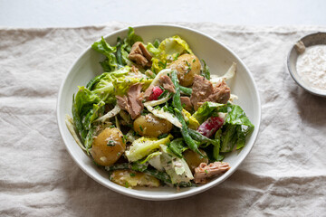Tuna salad with baby potatoes, lettuce, green beans and radishes