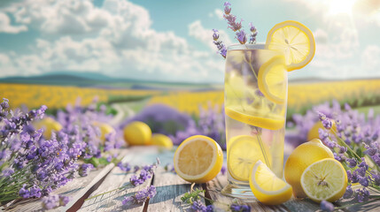 Lemonade with lemons and lavender on wooden table over nature background 