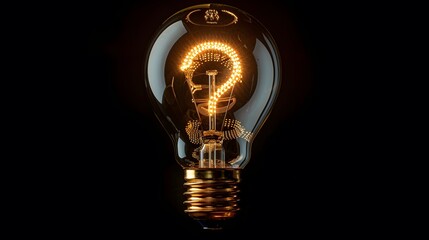A light bulb with the shape of a question mark glowing and shining brightly against a black background. warm golden glow.
