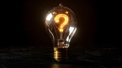 A light bulb with the shape of a question mark glowing and shining brightly against a black background. warm golden glow.

