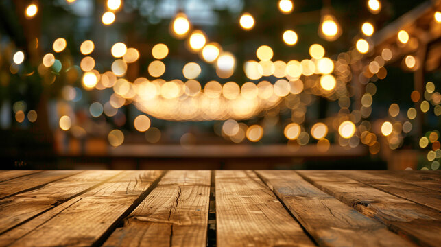A rustic wooden table in an outdoor setting with a background of blurry string lights glowing warmly, creating a cozy and festive ambiance.
