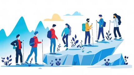 A group of diverse hikers ascend a steep mountain. They are wearing colorful clothing and carrying backpacks. The background is a blue sky with white clouds.