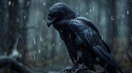 Fototapeta premium A dark, mysterious raven sits on a branch in the rain