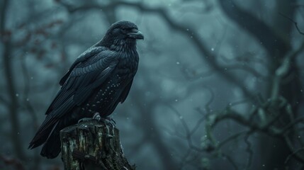 Fototapeta premium A lone raven sits on a branch in the dark forest