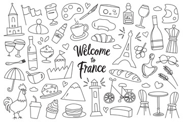 France symbols collection, outline icons of Eifel tower, cheese, croissant, traveling in Paris, tourism vector illustrations, famous French sightseeing, black and white set of wine and flag doodles