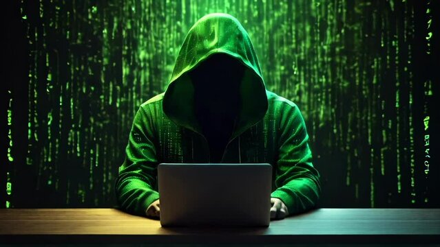 silhouette of a hacker in a hoodie sitting at the table using a laptop, illuminated by a cascade of green binary code, dynamic lines and matrix pattern