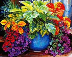 A beautiful painting of a blue vase filled with colorful flowers