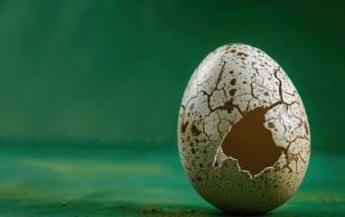 Cracked egg with hole in the middle on green background depicts concept of unique creativity and unexpected potential