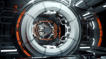 Digital technology orange and white space station ball poster background